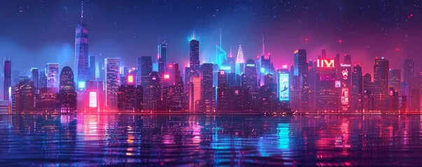 Obraz premium A futuristic megacity skyline with neon lights and holographic advertisements illuminating the night sky. illustration.