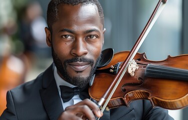 Stylish black-suited African American violinist performs soulful melodies on his elegant fiddle with finesse