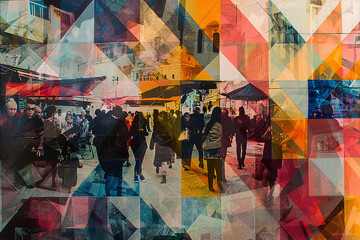 Abstract depiction of a bustling marketplace, with stalls and vendors represented as intersecting triangles in a vibrant, chaotic array.