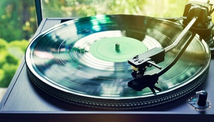 Turntable plays vinyl, high contrast and motion blur; record; retro style; close up