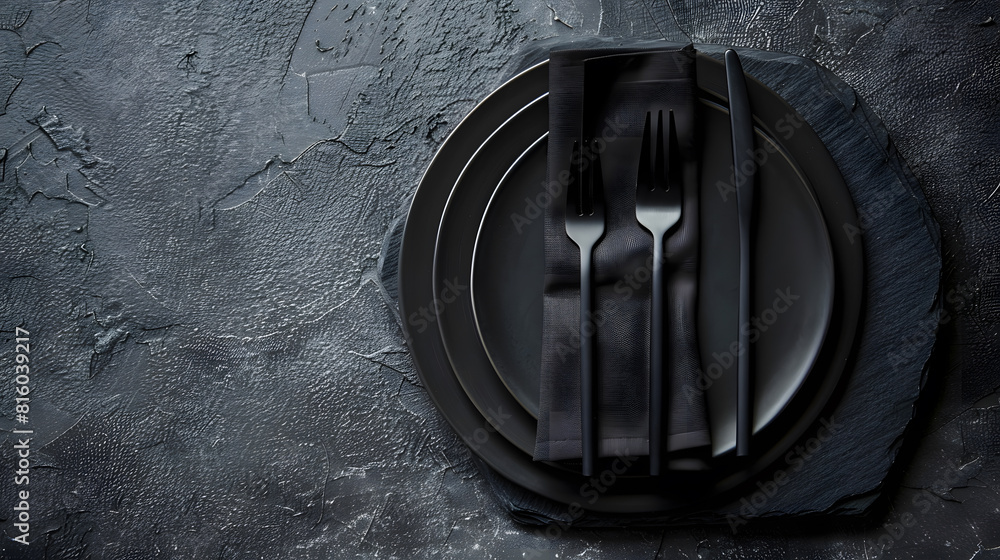Poster black plate cutlery and napkin on stone table top view table setting : generative ai