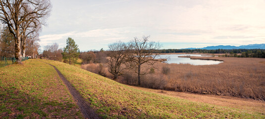 footpath Seeshaupt, view to lake Gartensee, early springtime