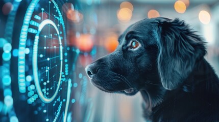 A lost pet with a biometrically generated image, emphasizing the use of technology in finding missing animals. Dog immersed in a vibrant digital interface