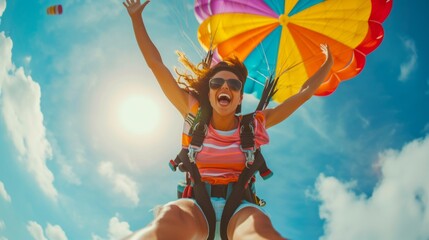 An athlete jumps with a parachute, a colorful canopy flutters above them