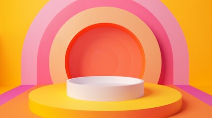 Obraz premium A colorful abstract background with concentric circles in shades of pink, orange, and yellow, featuring a white circular platform in the center