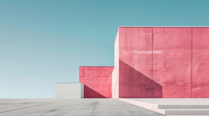 Minimalist architectural scene with large pink and white concrete building structures under a blue sky. The image features sharp lines and geometric shapes, creating a modern and abstract aesthetic