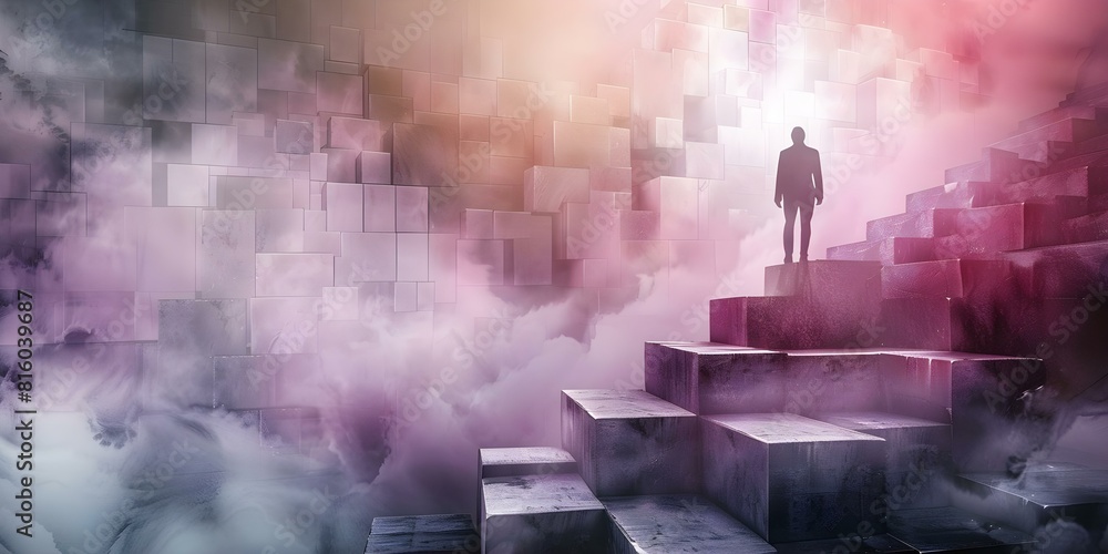 Poster creative problem solver silhouette explores imaginative journey beyond boundaries with 3d cubes. con