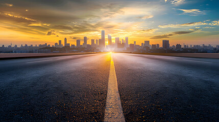 Asphalt road and modern city skyline with buildings scenery at sunset : Generative AI