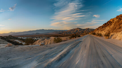 Panoramic image of a lonely seemingly endless road in the desert of Southern California : Generative AI