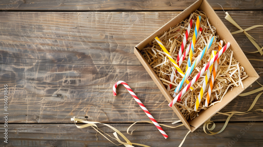 Poster Opened gift box with shredded paper on wooden background Brown paper box with decorative straws fillers for your product placement Flat lay top view Centre composition with empty space : Generative AI