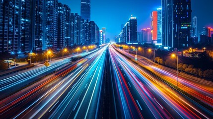 Fototapeta premium High speed urban traffic on a city highway during evening rush hour, captured by motion blur lighting effect and abstract long exposure photography