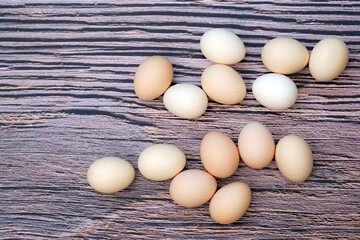 Groups of organic chicken eggs scattered on the wood-patterned floor are eggs that come from...