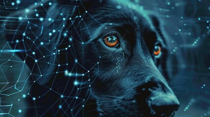 A lost pet with a biometrically generated image, emphasizing the use of technology in finding missing animals. Dog immersed in a vibrant digital interface