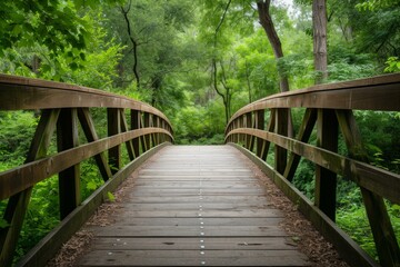 Obraz premium Tranquil pathway over a wooden bridge surrounded by dense green foliage