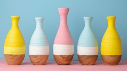 A row of five colorful wooden vases with a modern design, featuring pastel colors and a smooth finish, placed against a blue and pink background