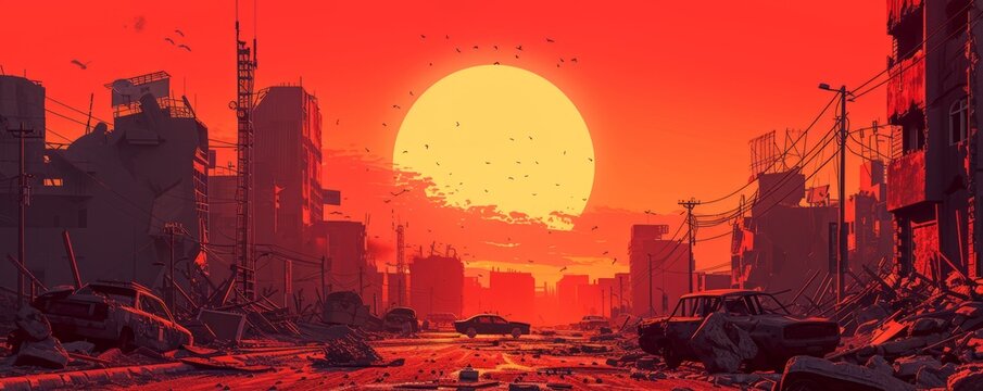 A cybernetic wasteland ravaged by the fallout of war, where the remnants of humanity struggle to survive amidst the ruins of their own making.   illustration.