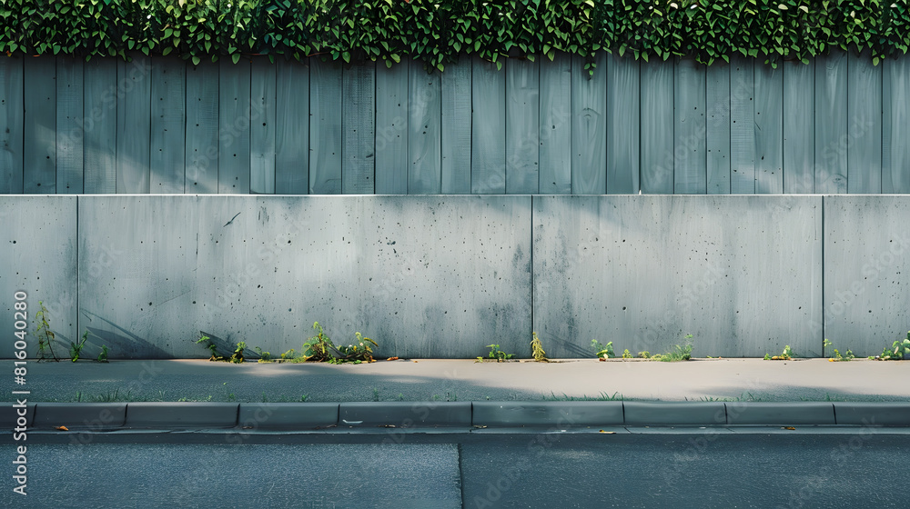 Aufkleber house fence consisting by a long concrete rectangle block wall and a hedge above cement sidewalk and