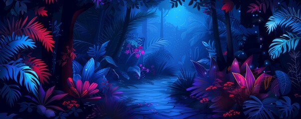 An alien jungle teeming with exotic flora and fauna, where bioluminescent plants cast an ethereal glow over the darkened landscape, illuminating the path for intrepid explorers.   illustration.