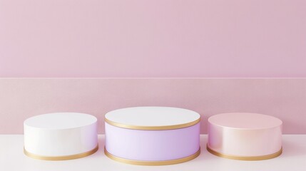 Three pastel-colored cylindrical podiums of varying heights with gold accents against a pink background