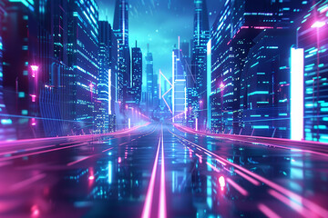 Abstract depiction of a futuristic metropolis, with skyscrapers and highways rendered as interlocking triangles, illuminated by neon lights.