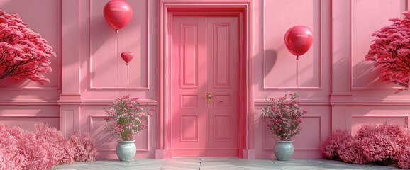 Pink Room With Open Door And Red Heart-Shaped Balloons Entering, Concept Of..., Birthday Background
