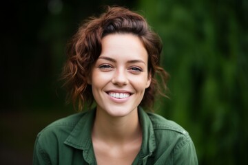 Fototapeta premium Portrait of a tender woman in her 30s smiling at the camera isolated on soft green background