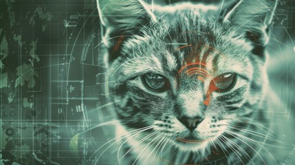 Futuristic Cat with Digital Overlay. A cat's face overlaid with digital graphics and a technological interface, creating a futuristic and sci-fi aesthetic