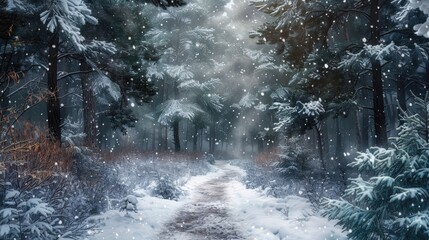 A wintry scene unfolds as snow blankets the trees in the forest creating a picturesque path through the frozen woodland This winter landscape sets the perfect Christmas background with a fo