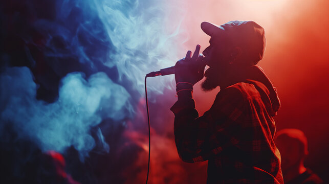 A beatboxer creating complex rhythms with their voice, the crowd's heads bobbing to the beat in appreciation. Dynamic and dramatic composition, with copy space