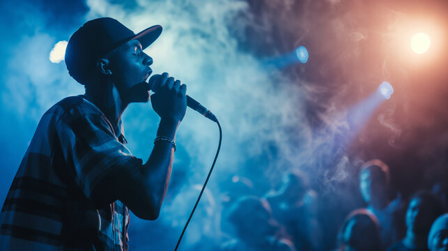 A beatboxer creating complex rhythms with their voice, the crowd's heads bobbing to the beat in appreciation. Dynamic and dramatic composition, with copy space