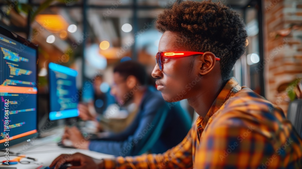 Poster a man wearing glasses is focused on his computer screen, typing and clicking with a determined expre