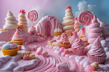 A whimsical candy land backdrop with pastel colored cupcakes. Created with Ai