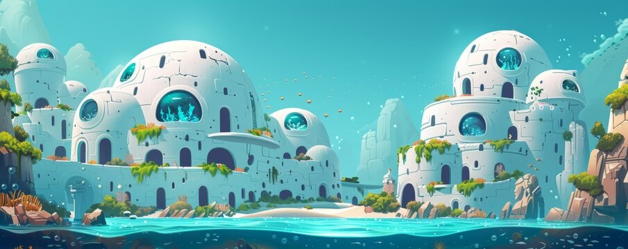 An underwater civilization thriving beneath the waves, with domed cities and underwater habitats providing refuge for aquatic species amidst the depths of the ocean.   illustration.