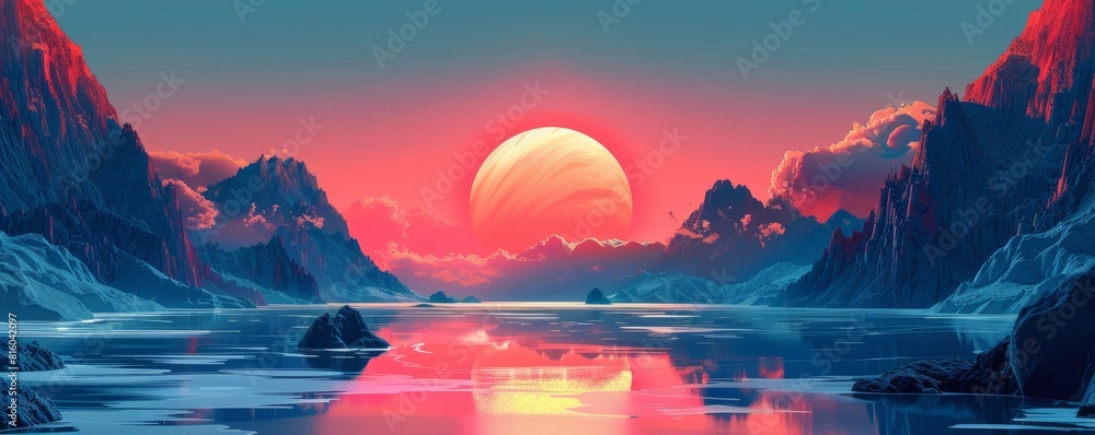 Poster A retro-futuristic utopia where advanced technology and sleek design merge seamlessly with natural landscapes, creating an idyllic vision of the future.   illustration.