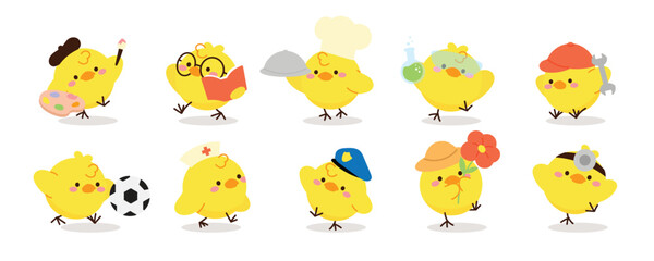 Set of cute easter chicks vector. Happy animal occupation with yellow chicks in different career, doctor, farmer, chef, teacher. Chicken character illustration design for clipart, sticker, card.