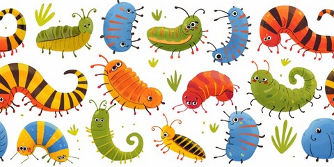 Obraz premium Seamless pattern with cartoon bright caterpillars, slugs and hairy centipedes on white background. Insects background. For banner, children, pattern, decorative. illustration