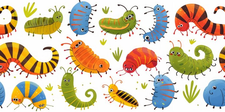 Seamless pattern with cartoon bright caterpillars, slugs and hairy centipedes on white background. Insects background. For banner, children, pattern, decorative. illustration