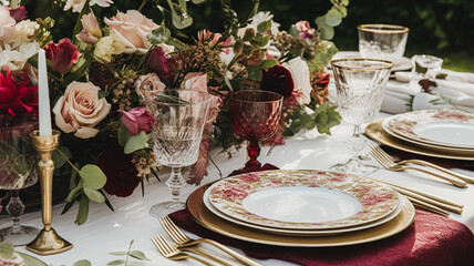 Fototapeta premium Wedding and event celebration tablescape with flowers, formal dinner table setting with roses and wine, elegant floral table decor for dinner party and holiday decoration, home styling idea