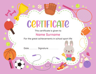 Cute sports achievement certificate of recognition. Fun design template with kawaii cartoon animal bunny. Flat vector sport icons. Perfect for celebrating young athlete success in elementary school.
