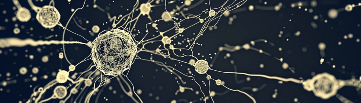 Artificial neurons and global data connections in a quantum computing system, abstract technology background
