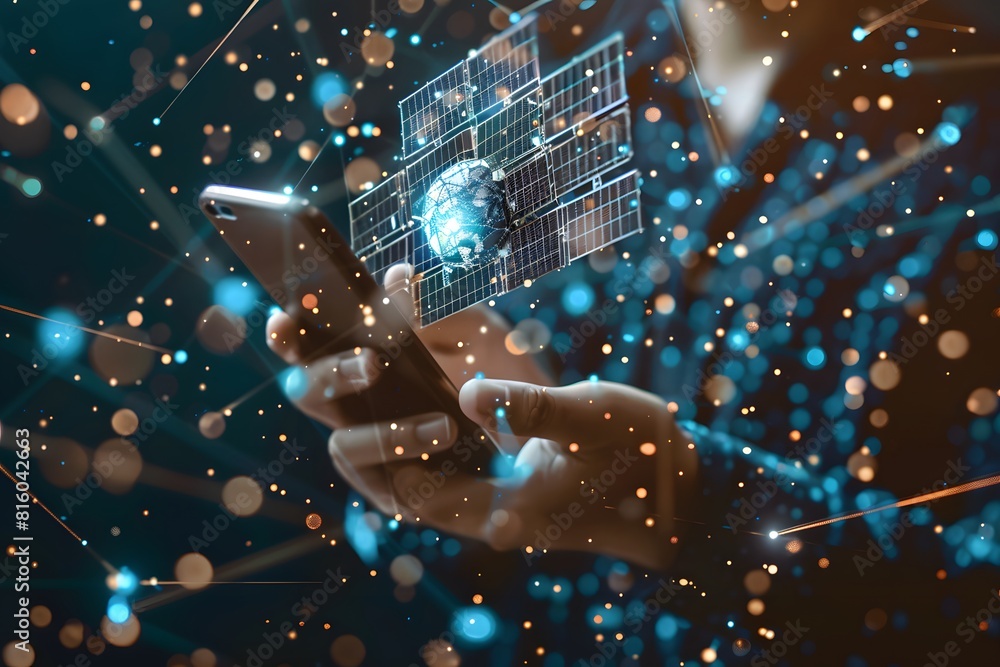 Poster a person using a cellphone with a network of circles background