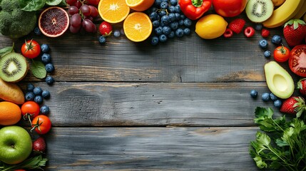 Top view of fresh salmon fillet surrounded by vibrant ingredients like tomatoes, lemon, and herbs on a rustic wooden table..