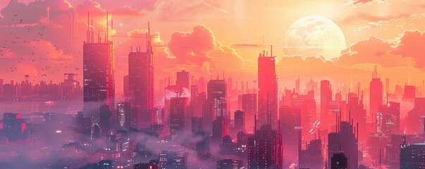 A futuristic megacity where towering skyscrapers are interconnected by skybridges, creating a labyrinth of urban sprawl that stretches as far as the eye can see.   illustration.