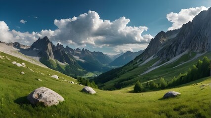 Fototapeta premium A panorama of mountains, sky, and verdant grass. A scene of summer meadows in an alpine valley. Gorgeous bright game view including a pile of boulders related to geology. tranquil outdoor backdrop fro
