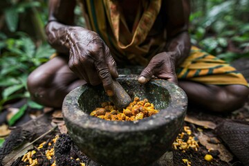 Grinding Healing Herbs, Traditional Medicine Practitioner Prepares Remedy with Fragrant Ingredients