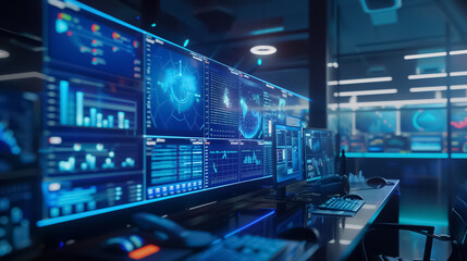 A high-tech control room with multiple screens displaying real-time data and system analytics in a blue-lit cyber environment.