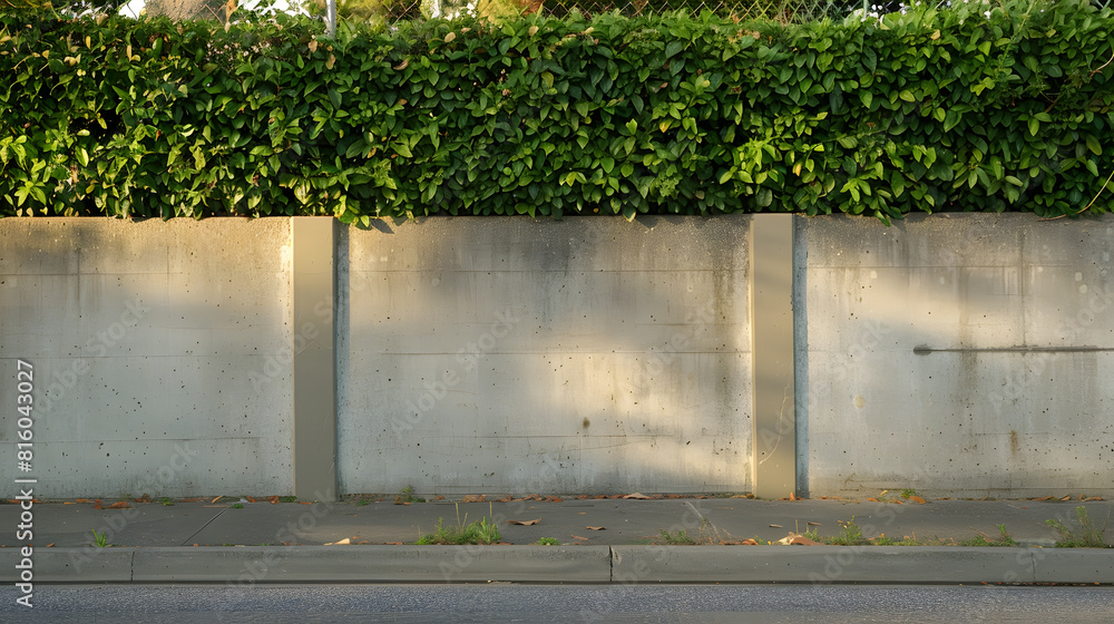 Poster House fence consisting by a long concrete rectangle block wall and a hedge above Cement sidewalk and asphalt street in front Background for copy space : Generative AI