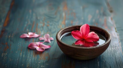 Naklejka na ściany i meble Floating Flower on Aromatic Bowl on Dark Wood Table