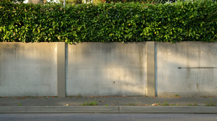 House fence consisting by a long concrete rectangle block wall and a hedge above Cement sidewalk and asphalt street in front Background for copy space : Generative AI