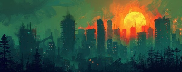 A post-apocalyptic cityscape engulfed in the eerie glow of bioluminescent fungi, with dilapidated skyscrapers and crumbling streets overrun by nature's reclaiming embrace.   illustration.